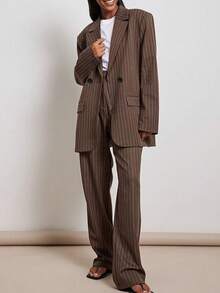 Bộ đồ nữ kẻ sọc dáng rộng, quần ống thẳng, hai mảnh, thích hợp cho công sở, đi làm, màu đất, mùa xuân. - Cà phê nâu - Xem 3