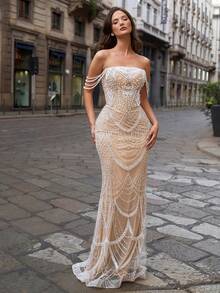 Faeriesty Đầm dạ hội đuôi cá sang trọng, thanh lịch dành cho nữ, đính sequin và hạt cườm, được tô điểm bằng dây đeo vai và dây xích đính cườm tinh xảo, họa tiết sequin hình quạt tuyệt đẹp và thiết kế lưng hở buộc dây | Đầm dạ hội sang trọng | Hoàn hảo cho các bữa tối trang trọng, đám cưới, dạ hội, tiệc tùng cao cấp và trang phục dự tiệc mùa hè mùa xuân - Rượu sâm banh - Xem 2