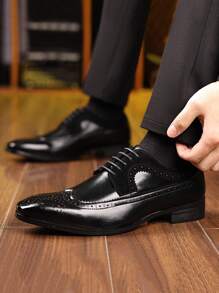 New Carved Brogue Oxford Formal Dress Shoes, Lace-Up Derby Pointed Toe Wedding Shoes For Men, Plus Size