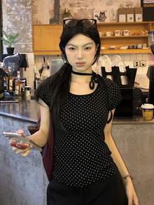 女式休闲系带领简约波尔卡圆点印花修身T恤
