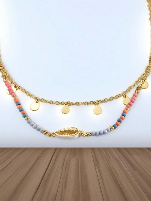 1pc Retro Multilayer Resin Shell & Bead Decor Alloy Pendant Necklace, Wholesale Necklace