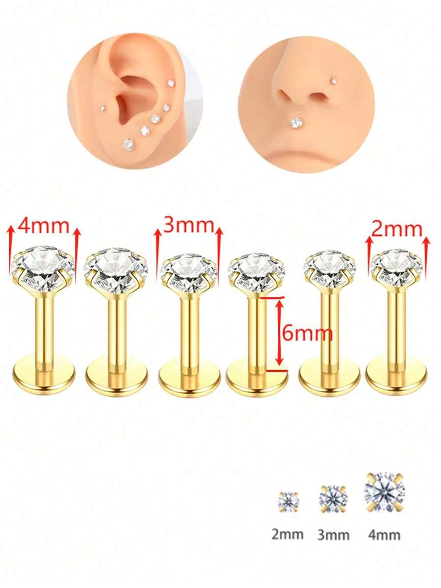 Set de 6 piezas de aretes de botón de acero inoxidable con rosca interna, aretes de perforación de cartílago con circonita de diferentes tamaños - Dorado - Ver 1