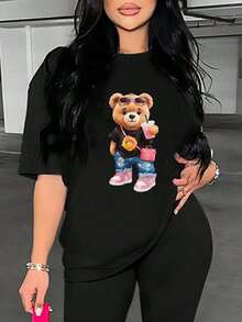 Camiseta de algodón con estampado "Teddy Street Style" de moda para mujer - Negro - Ver 1