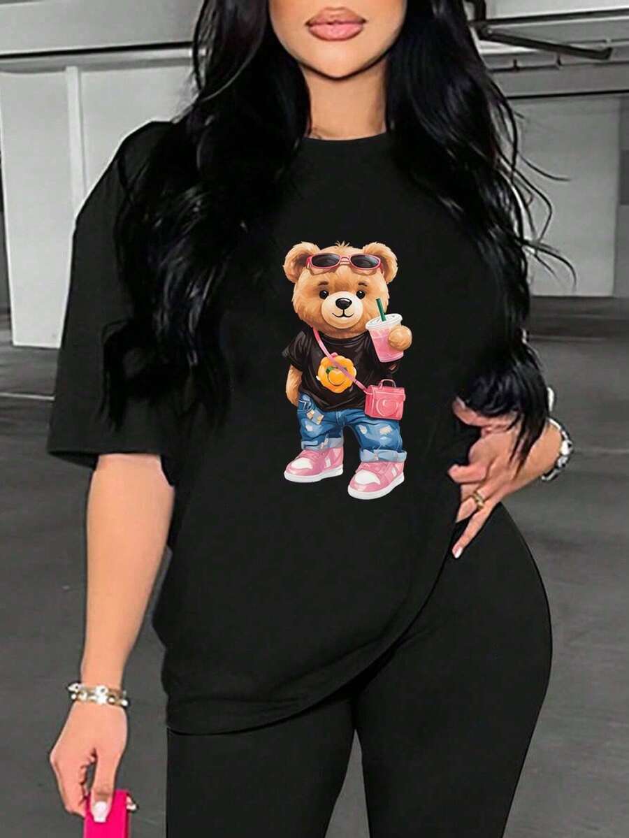Camiseta de algodón con estampado "Teddy Street Style" de moda para mujer - Negro - Ver 1