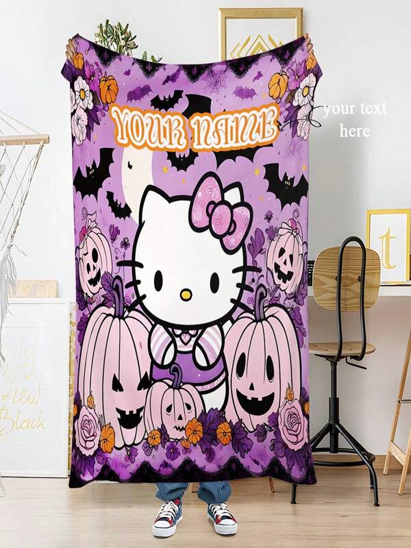 Sanrio 1pc Customized Sanrio Hello Kitty Halloween Theme Blanket, Officially Licensed, Customizable Name, Soft & Skin-Friendly, Washable, Cute Customized, Unique, Personalized, Ideal Gift For Family And Friends, Suitable For Sofa, Bed, Tea Room, Bedroom, Living Room, Dining Room