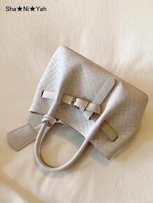 韩国手工编织手提包，时尚篮子包，通勤、购物、旅行、送礼等用途多样（配有小袋） - 淺灰紫 - 查看 3