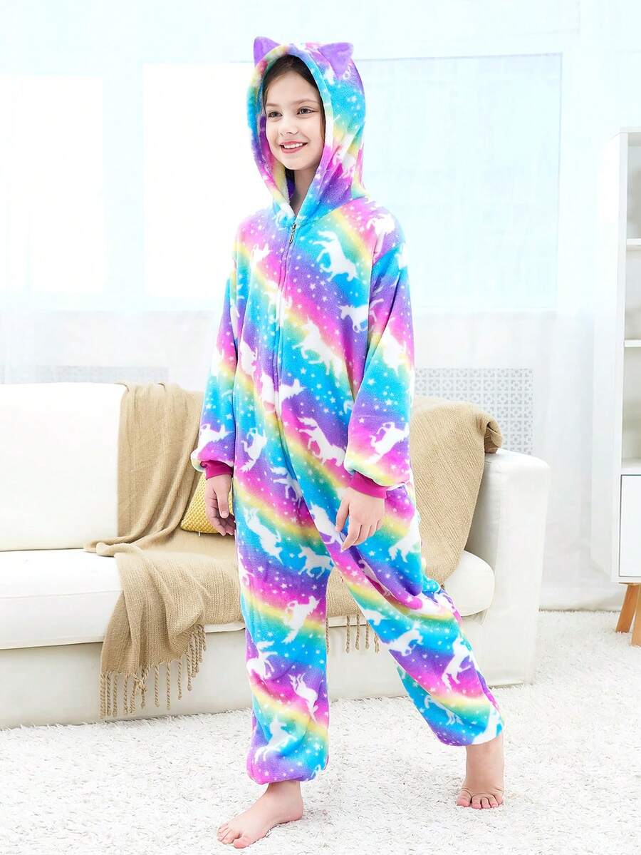 女童彩虹星空猫耳睡衣连体裤