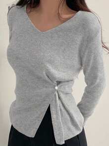 2025春秋时尚前开叉长袖上衣，修身 - 灰色 - 查看 2