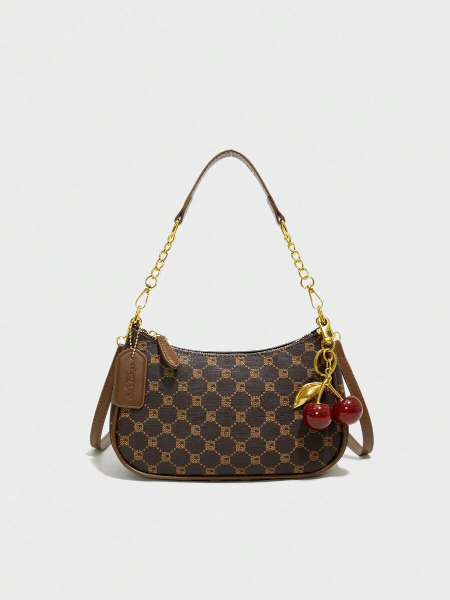 Túi đeo vai hình lưỡi liềm màu trơn, kiểu dáng cổ điển, đa chức năng, chất liệu PU chống thấm nước, thiết kế trang trí chữ cái, ví nữ có mặt dây chuyền hình quả anh đào, túi xách công sở thanh lịch, phù hợp cho mua sắm, dự tiệc, có thể đeo chéo. - Cà phê - Xem 1