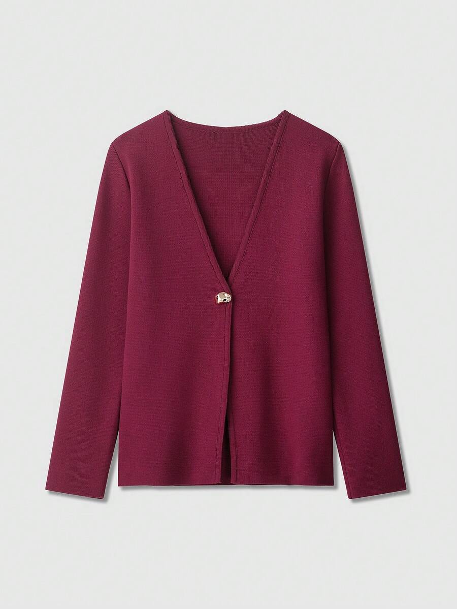V-Neck Solid Color Casual Knit Sweater With Metal Buttons, Suitable For Spring/Autumn/Winter - Burgundy - View 1