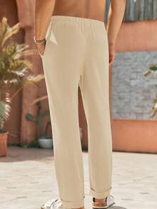 Runcati Men's Linen Yoga Beach Pants Loose Fit Casual Summer Elastic Waist Drawstring Baggy Trousers With Pockets - 米色 - 查看 2