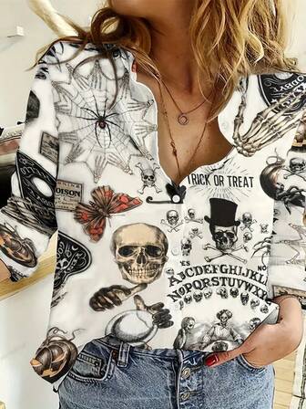 女式万圣节骷髅和南瓜印花纽扣衬衫 - 休闲长袖，涤纶混纺，可机洗