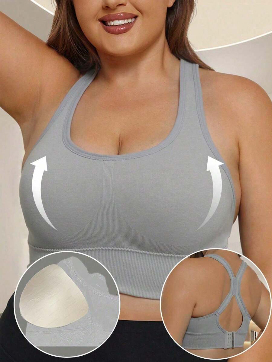 Plus Size Seamless Cross Back Sports Bra For Workout Shockproof Push Up Bra Padded High Support Workout