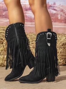 2025 Women's Autumn/Winter New French Style Thick Heel Anti-Slip Fringe Decor Pointed Toe High Heels, Solid Color Elegant Fashion Women Shoes,Western Style,Party - Black - View 3