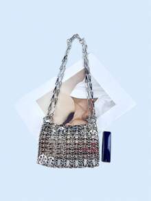 24 pièces Sac bandoulière fait main avec paillettes brillantes et décorations de paillettes, avec bandoulière amovible, couleur argent, pour femmes - Argent - Voir 7
