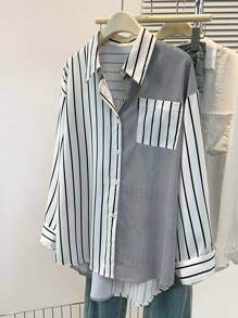 ​Women's Striped Asymmetric Lapel Long Sleeve Shirt With Contrast Buttons & Pocket - Casual All Occasion Year-Round Top​,Fall Clothes For Women - Multicolor - View 8