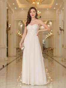 Babyonlinedress Guipure Lace Insert Pearls Beaded Chiffon A-Line Prom Bridesmaid Dresses,Formal Wedding Guest Gown, For Graduation, Homecoming,Dinner - Màu be - Xem 4