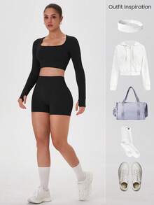 VVX Women's Seamless Sports Yoga Set Long-Sleeved Shorts Thumbholes Slim High-Waist Tummy Control Sports Set - 黑色 - 查看 4