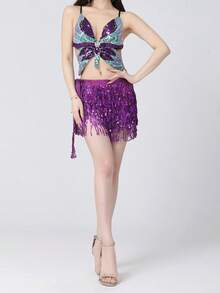 Women's Short Tops With Shiny Sequins Embellished Irregular Butterfly Look Sleeveless Camisole Vest - 紫色 - 查看 5