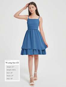 EXARUS Girls Flowy Ruffled Hem/Puff Bubble Dress Teen Ruched Summer Adjustable Spaghetti Strap Casual Cami Mini Dresses - Màu xanh hải quân - Xem 5