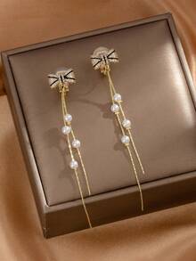 1 对水晶蝴蝶结仿珍珠流苏长夹式耳环，女士新款耳环，生日礼物