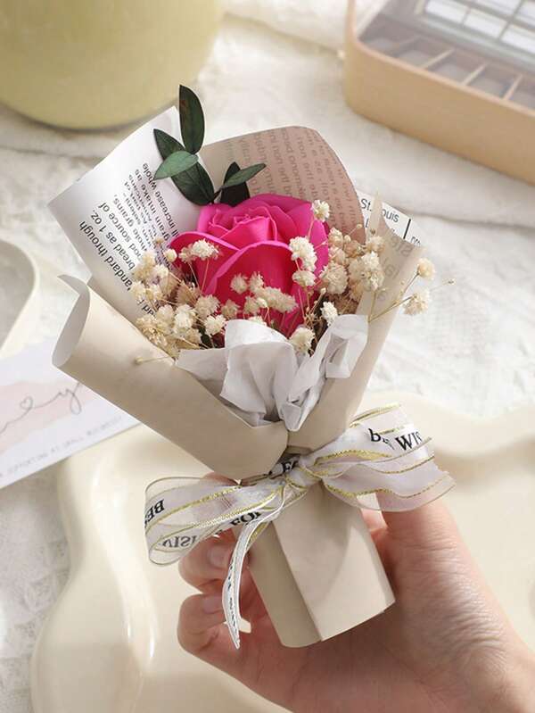 1pc Mini Artificial Flower Bouquet Includes 1pc Artificial Rose, Babysbreath Wrapped In Paper. Suitable For Mom, Girlfriend Boyfriend And Friend'S Birthday Or Anniversary Gift, Mother'S Day, Valentine'S Day, Wedding Favor, Home Or Desktop Decoration,Birthday Gift For Women And Kids