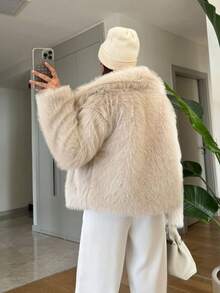 HH Faux Fur Jacket For Women Elegant Solid Lapel Long Sleeve Coat Casual Loose Female Winter Oversize Lady Chic Streetwear Jakcets - trắng - Xem 7