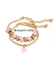 1 件青少年珠宝可调节简约时尚锌合金粉色花朵系列爱心空心花朵 DIY 串珠手链 - 彩色 - 查看 10