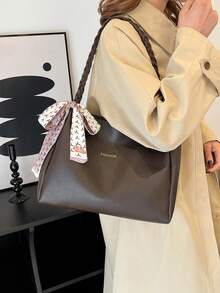 女士百搭纯色手提包，Malist PU 皮革大容量单肩包，带丝巾装饰，轻便大容量托特包，适合日常办公使用，时尚防水耐用方形托特包，母亲节礼物 - 咖啡棕 - 查看 2