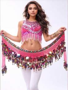 女士肚皮舞臀巾裹裙，带亮片流苏，迷你裙装，适合泰国/阿拉伯舞者