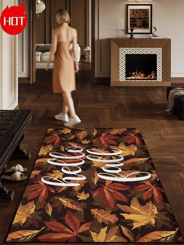 1pc Maple Leaf Welcome Velvet Doormat, Suitable For All Seasons, Mainly Used For Decoration In Living Room, Dining Room, Study, Bedroom, Bathroom, Kitchen, Porch, Front/Back Door, Personalized & Fashionable Home Decor, Carpet, Easy To Clean, Machine Washable, Soft & Skin-Friendly