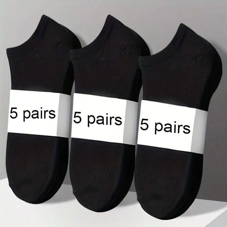 5 Pairs Of Socks, Available In Black/White/Gray, Soft Knit Fabric, Casual And Simple To Wear, Comfortable Foot Feel, Suitable For Daily Or Outdoor Activities - 黑色 - 查看 1