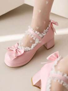 Zapatos de mujer para Halloween Kawaii con tacón medio bloque, Mary Jane, Rockabilly, bombas con plataforma y lazo, tacón grueso, zapatos dulces y lindos