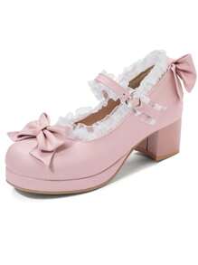 Zapatos de mujer para Halloween Kawaii con tacón medio bloque, Mary Jane, Rockabilly, bombas con plataforma y lazo, tacón grueso, zapatos dulces y lindos