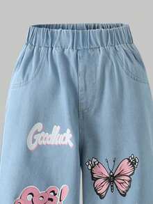 2Pcs Pre-Tween GirlsCasual Outfit Set: Butterfly Print Asymmetrical Hem Short Top And Letter Print Loose Fit Distressed Jeans, Autumn