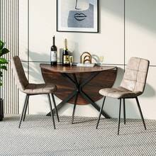 Dining Table And Chairs Set Of 2, Brown Folding Round Dining Table With 2 Brown PU Leather Chairs For Dining Room, Kitchen, Living Room - Wood Grain Table + 2 Brown PU Chairs - View 11