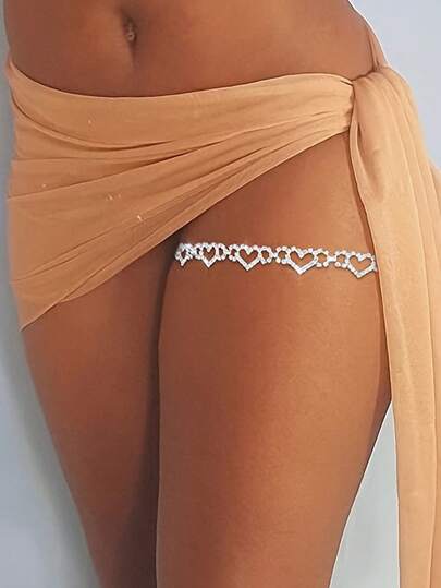 1pc Silver Sexy Rhinestone Hollow Heart Thigh Chain, Decorative Body Jewelry For Women, Suitable For Parties, Galas, Runway Shows