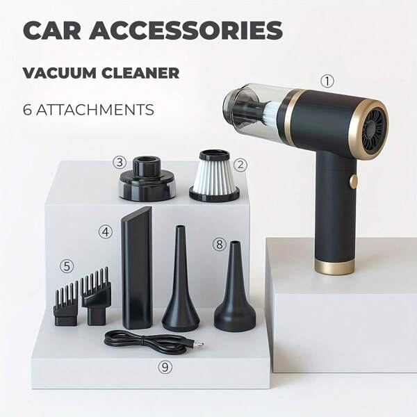 Handheld Car Vacuum Cleaner 15000Pa Suction, 6000mAh Battery, 30min Runtime, Low Noise, 6 Attachments Ideal For Car Interior Cleaning & Automotive Tools Car Must Haves, Car Accessories