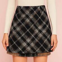 Falda corta ajustada elegante con patron de cuadros para mujer - Negro - Ver 7