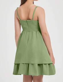 EXARUS Vestido corto informal de verano con tirantes finos ajustables y fruncido con dobladillo abullonado para niñas - Verde - Ver 4