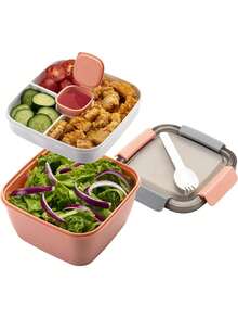 1pc All-In-One Salad Container - Large Salad Bowl, Bento Box Tray, Leak-Proof Dressing Container, Sealed Lid, Adult Healthy Lunch Fork; Dishwasher/Microwave Friendly, Kitchen, Christmas Gift - Multicolor - View 15