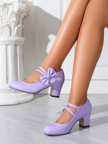 Giày cao gót Mary Jane thanh lịch mùa thu/đông, giày da quai vuông cho tiệc cưới/dịp trang trọng, giày công sở thoải mái, giày da màu tím dùng ngoài trời (Lớn hơn nửa cỡ, chân hẹp nên đặt hàng nhỏ hơn 1 cỡ hoặc kiểm tra chiều dài/chiều rộng chân) - Màu tím hoa cà - Xem 3