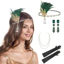 20 世纪 20 年代婚礼/派对头饰套装，包括头带、仿珍珠项链、手套、复古锌合金配饰，适合万圣节舞会