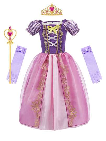 5 件套女童紫色花卉图案短袖连衣裙配配饰手套服装，儿童公主装，适合万圣节、圣诞节、狂欢节角色扮演