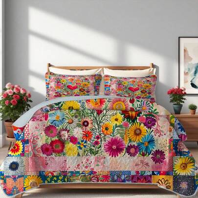 2/3 Pieces Colorful Sunflower Floral Print Quilt Set(1 Quilt + 1 Or 2 Pillowcases, Durable, Breathable And Fade-Resistant Premium Summer Bedding Set, Suitable For Full/Queen/Cal King Bedspread Set, All-Season Coverlet, Perfect Room Decor