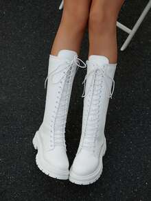 Autumn/Winter New Thick Sole Over-The-Knee Boots, Punk Lace-Up Side Zipper Fashion Women Riding Boots,White Boots - White - View 1