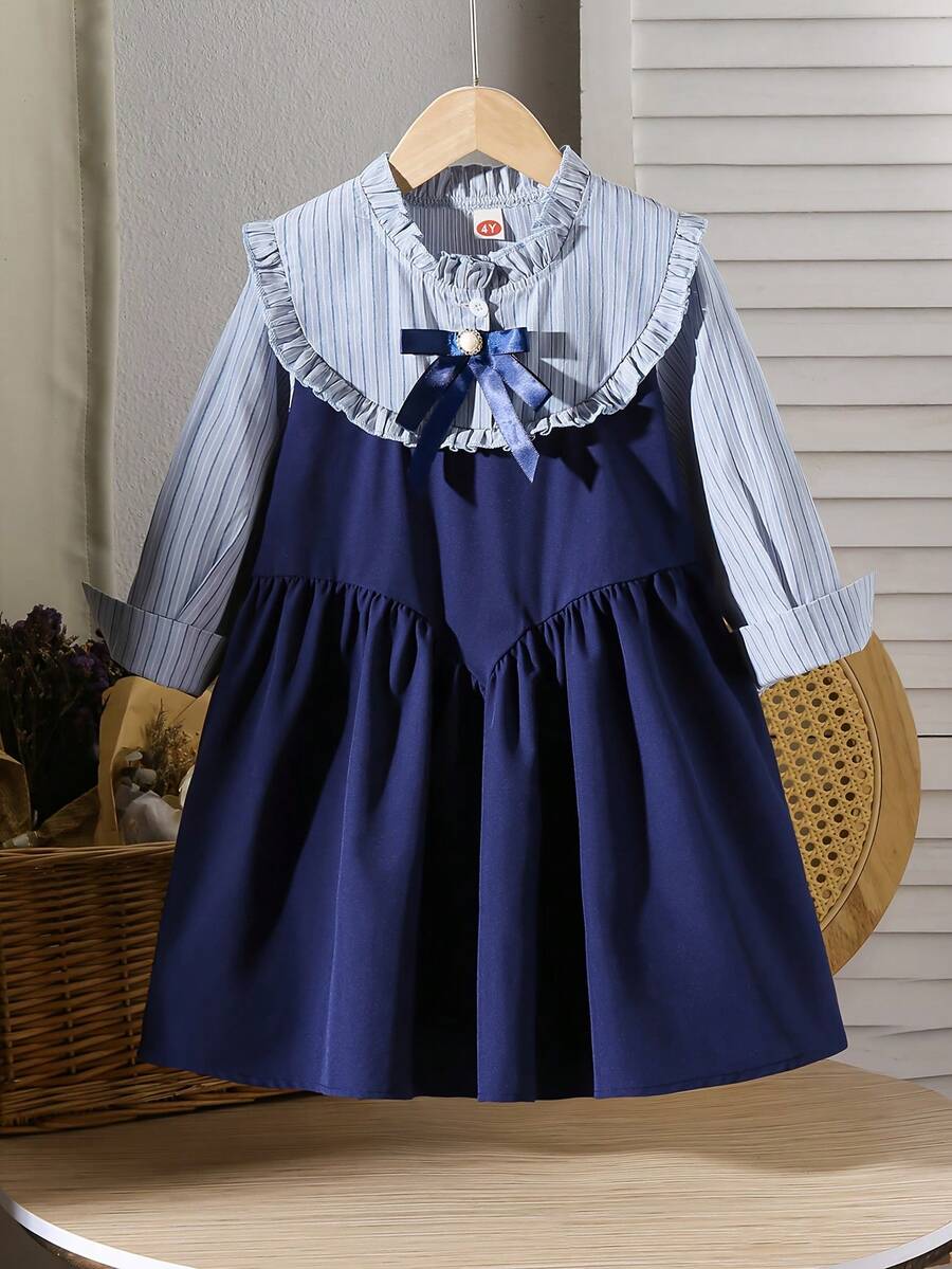 1 件女童时尚条纹蝴蝶结荷叶边长袖连衣裙