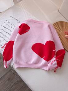 女童可爱心形图案针织套头衫，适合春秋冬季休闲穿着 - 粉色 - 查看 3