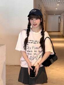 Vintage Letter Print Short Sleeve T-Shirt For Women, Stylish Fitted Tops - 白色 - 查看 3