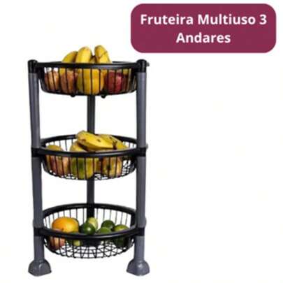 Organizador Cesto Fruteira Multiuso 3 Andares Redondo Preto